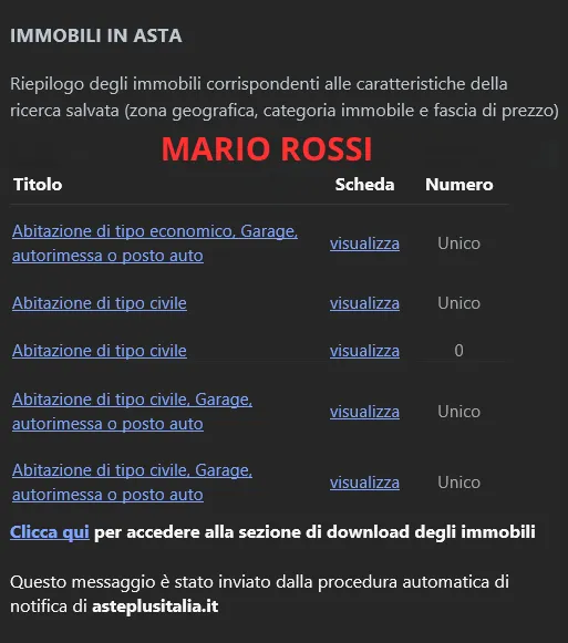 Email automatica con gli immobili in asta compatibili con la ricerca