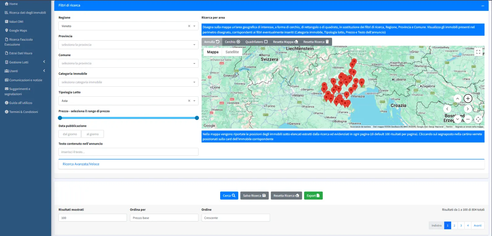 Ricerca degli immobili in asta su mappa nel software AstePlus