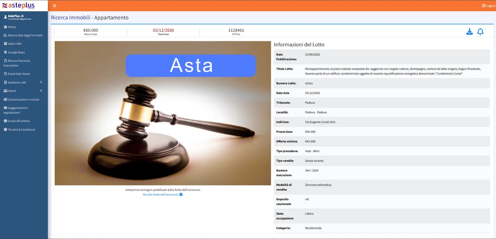 Scheda dell’immobile in asta nel software AstePlus