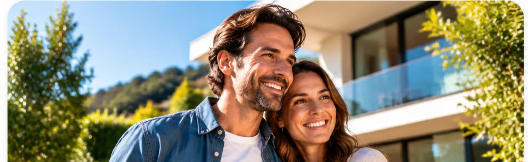 Coppia sorridente davanti alla nuova casa